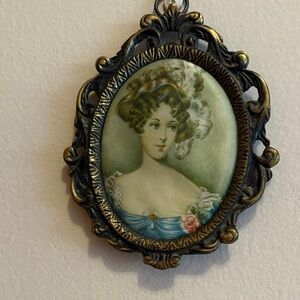 Unique Vintage Gold and Blue Ornate Portrait Brooch